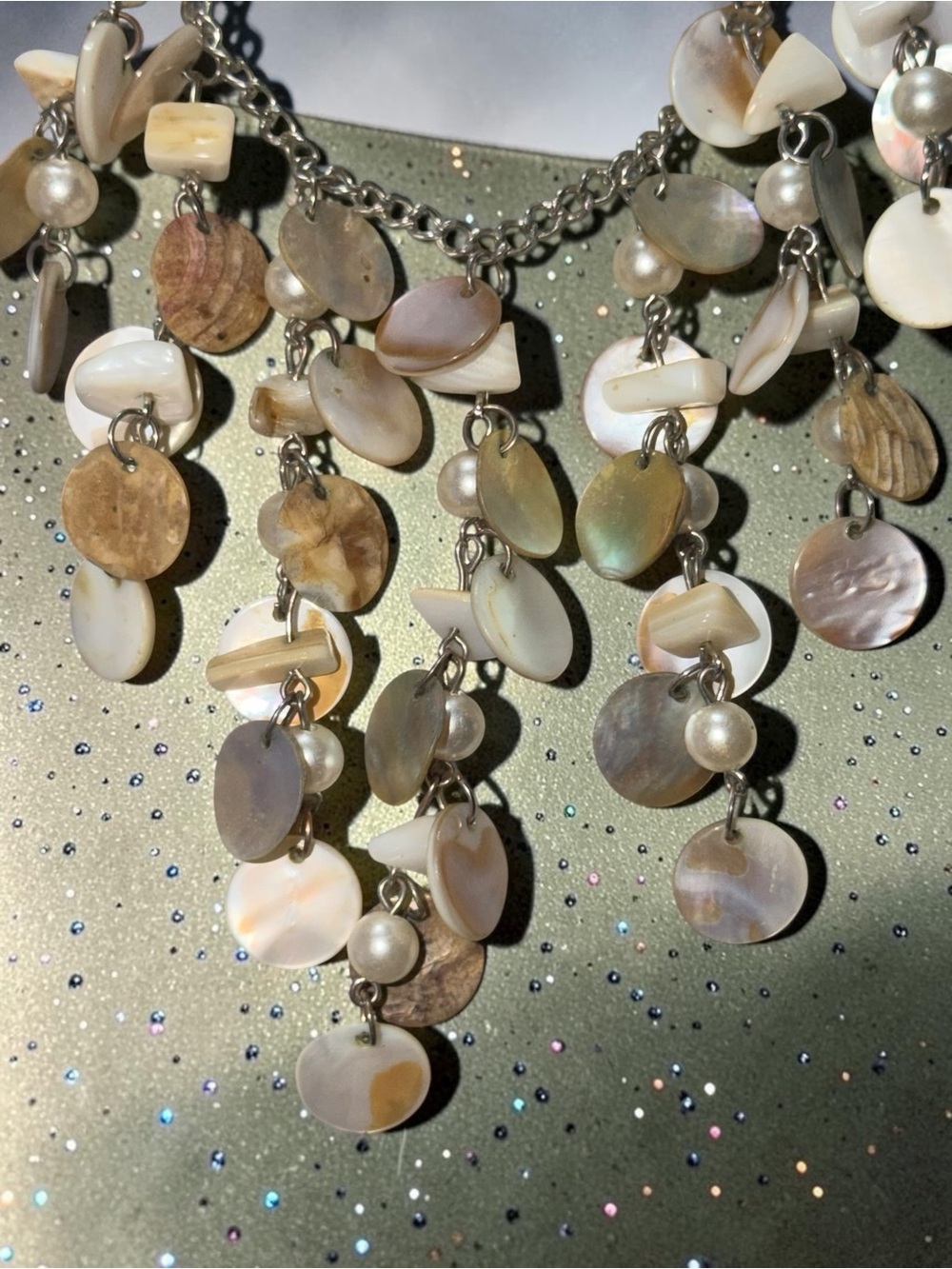 Mother of Pearl Style Shell Disc Layered Dangle Statement Necklace Boho - Picture 5 of 6